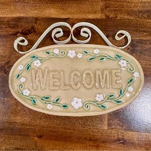 Vintage Ceramic and metal Floral Welcome Sign - Cream and Green